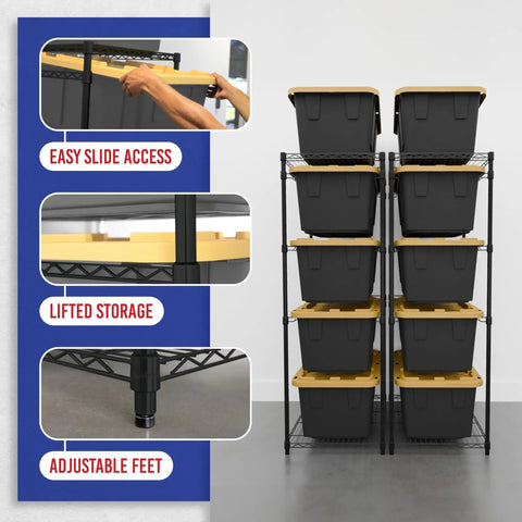Heavy Duty Five Tier Steel Tote Rack Sized For Twenty Seven Gallon Bins Comes As A Double Pack Vertical Organizer Rock Solid Black Steel Frame Easy Setup Garage Basement Space Saver Game Changer Keeps Your Gear Neat And Accessible With No Sweat Ever