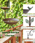 Dual Bowl Bird Bath For Deck Railing And Balcony Feeder, cast iron and steel, suitable for decks up to 4 inches thick.
