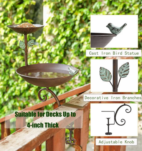 Dual Bowl Bird Bath For Deck Railing And Balcony Feeder, cast iron and steel, suitable for decks up to 4 inches thick.