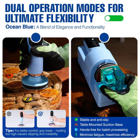 Versatile Do It All Electric Resin Sander And Polisher with dual batteries in use, features two operation modes.