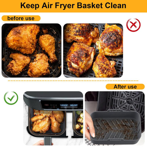 2 Pack Air Fryer Silicone Pots For Foodi Dual DZ201 8Qt And DZ090 6Qt showing clean liner and air fryer basket comparison