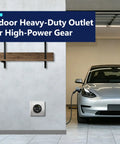 Matte Black 50 Amp Flush Mount Receptacle Nema 14-50R Ev Charger Socket Self Grounding installed in garage.