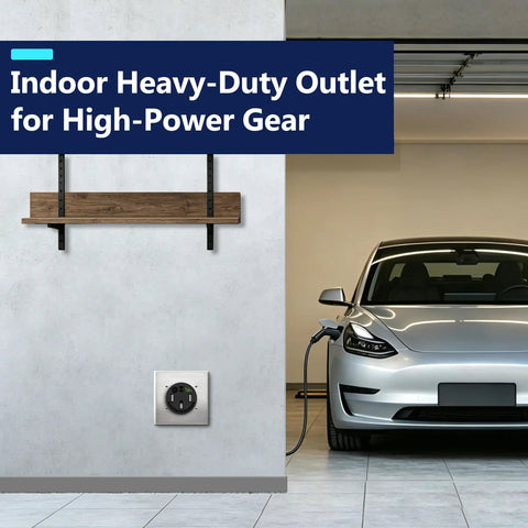 Matte Black 50 Amp Flush Mount Receptacle Nema 14-50R Ev Charger Socket Self Grounding installed in garage.