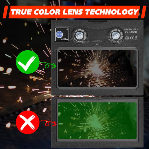 Auto Darkening Welding Lens Replacement for Helmet with Solar Powered Shade, showing true color technology in action.