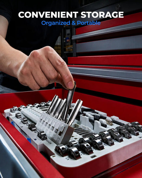 Heavy Duty 81-Piece Tap And Die Set For Metric And Sae Threads Made Of Premium GCr15 Tool Steel To Repair Damaged Screws Fast Without Hassle, stored in case