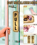 Push And Pull Door Sign Set Self Adhesive Durable Waterproof Vinyl Decals Black And Gold For Home Office Cafe Storefronts Glass Doors And Handles Easy Peel And Stick 7.8 Inch By 3.1 Inch mounted on glass door