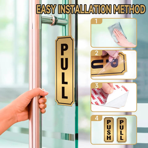 Push And Pull Door Sign Set Self Adhesive Durable Waterproof Vinyl Decals Black And Gold For Home Office Cafe Storefronts Glass Doors And Handles Easy Peel And Stick 7.8 Inch By 3.1 Inch mounted on glass door