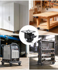 Heavy Duty Caster Wheels Set of 4 on furniture and equipment, showing use with cabinets, workbenches, and industrial carts.