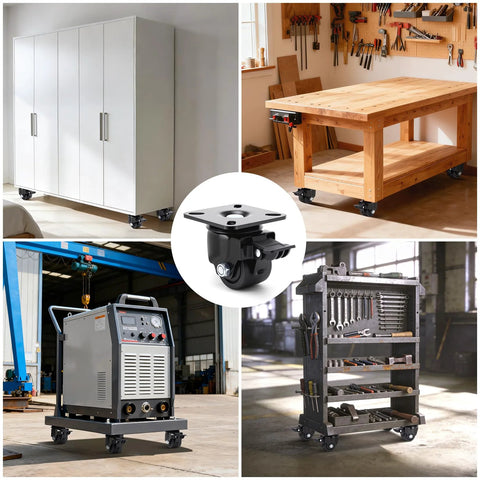 Heavy Duty Caster Wheels Set of 4 on furniture and equipment, showing use with cabinets, workbenches, and industrial carts.