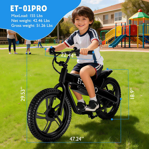 Kids Electric Bike With 350W Motor, 15.5 MPH Top Speed, 36V 5.2Ah Battery, 10 Mile Range, 16 Inch Pneumatic Tires, Dual Braking, For Ages Six And Up, Rugged Off Road Electric Bicycle, black