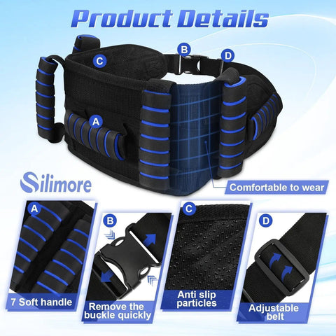 Easy Grab Gait Belt For Seniors With Handles showing adjustable belt, seven sponge handles, quick-release latch in blue
