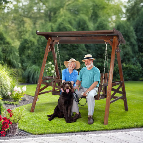 Porch Swing With Stand And Canopy, Waterproof Outdoor Patio Swing With Cup Holder, Rustic Style Backyard Swing Set for garden