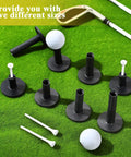 Rubber Golf Tees Set With Holders, Five Height Sizes with golf clubs on grass, ideal for practice mats