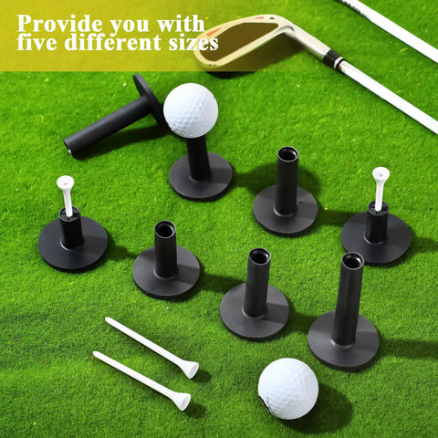Rubber Golf Tees Set With Holders, Five Height Sizes with golf clubs on grass, ideal for practice mats