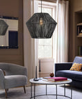 Living room with 7 Inch Handwoven Rattan Pendant Light With Matte Black Basket Shade, Modern Boho Farmhouse Coastal Ceiling Lamp.