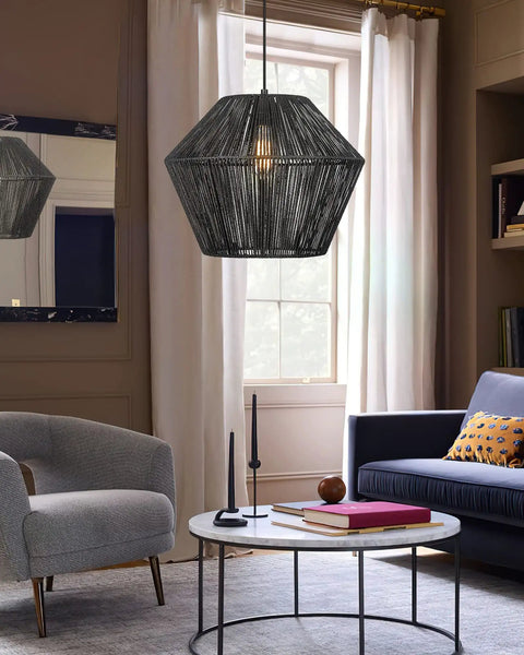 Living room with 7 Inch Handwoven Rattan Pendant Light With Matte Black Basket Shade, Modern Boho Farmhouse Coastal Ceiling Lamp.