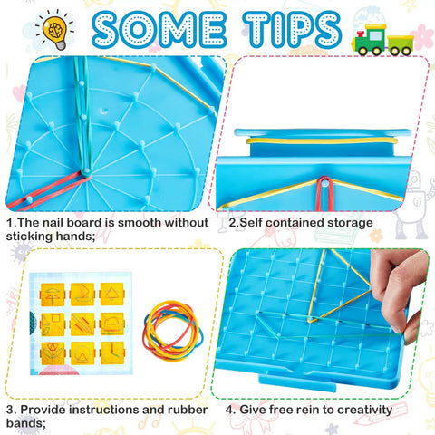 Twelve Double Sided Geoboards With Rubber Bands For Kids Geometry Learning Classroom Set; blue board, rubber bands, creativity tips.
