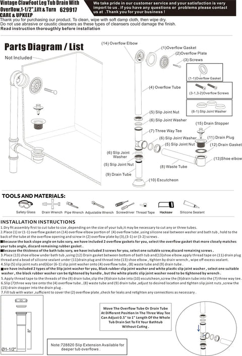 Parts diagram for Vintage Claw Foot Tub Drain Kit With Lift And Turn Stopper, Solid Brass Build, 1-1/2 Inch Overflow Assembly.