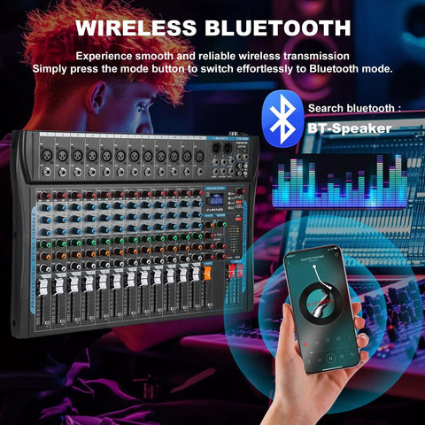 12 Channel USB Audio Mixer With Built In 16 Bit DSP Effects, Bluetooth Karaoke Studio DJ Mixer shown with Bluetooth feature