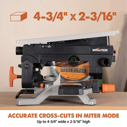 Side view of 8-1/4 Inch Convertible Miter And Table Saw with 0-45 Degree Bevel, shown in miter mode, compact design