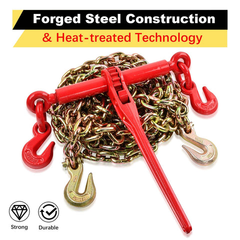 Heavy Duty Chain Binder Grade 70 Ratchet Load Binder For Five Sixteenths To Three Eighths Inch Chains with red ratchet and hooks