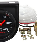 Bosch Style Line 2-inch mechanical oil pressure gauge with black dial and red needle; brass fittings and white tubing.
