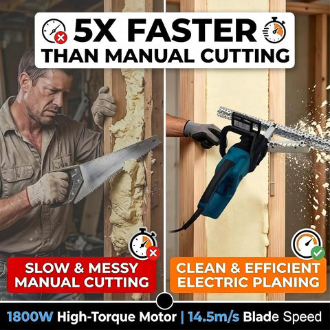 Rock Solid 1800W Foam Cutting Planer 27.5 Inch Insulation Trimmer and Spray Foam Removal Tool shown in use, demonstrating fast electric planning.
