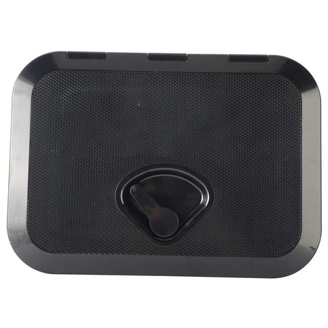Heavy Duty Black Marine Boat Deck Access Hatch Cover With UV Stabilized ABS Lid And Low Profile Base top view with locking mechanism.