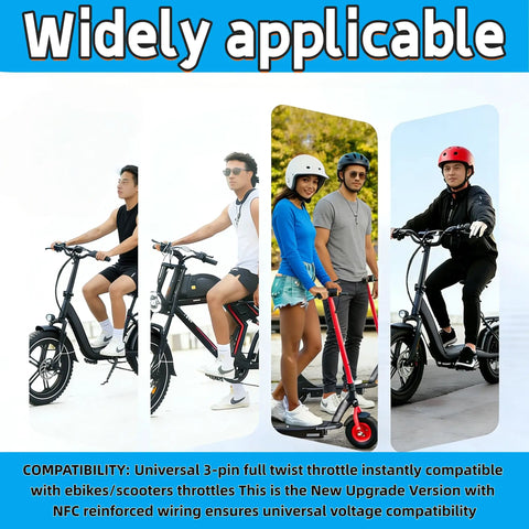 People riding electric scooters, showcasing compatibility with 48V Half Twist Throttle With LED Display And Key Lock for ebikes, motorcycles and scooters, compatible with 24V and 36V systems, easy install, clear power readout, smooth acceleration for any ride.
