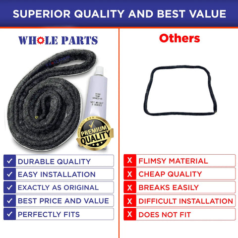 Comparison of Dryer Drum Felt Seal Replacement WP37001132 with inferior seal showing quality, installation ease, and fit.