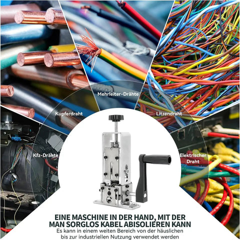 Wire Stripper Machine 1 To 25MM For Hand Crank Or Drill Powered Use with images of different wire types in the background
