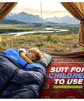 Child sleeping in Go-To Lightweight 3-Season Sleeping Bag For Adults With Waterproof Shell Packable Backpacking Gear Comfort Range 50-68F