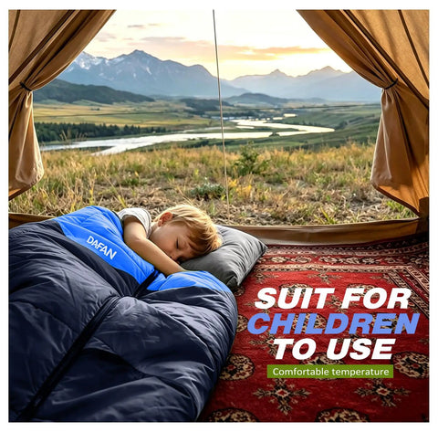 Child sleeping in Go-To Lightweight 3-Season Sleeping Bag For Adults With Waterproof Shell Packable Backpacking Gear Comfort Range 50-68F