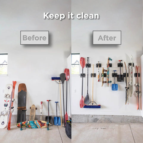 Before and after comparison using Ultimate Ski and Snowboard Wall Rack With Gravity Locking Design For Secure Non Slip Garage Storage