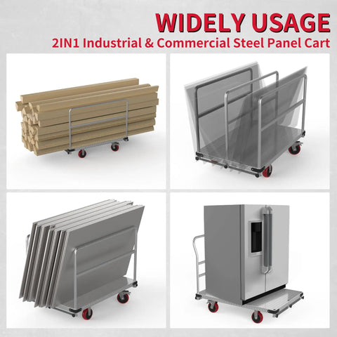 Rugged 2-In-1 Steel Panel Cart for Drywall Jobs, 3000 Lb Capacity, 44 by 28 Inch Platform, Anti-Slip 2mm Steel Plate, Heavy-Duty Job Site Transporter Built Tough for Pros used with panels, boards, and appliances