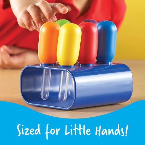 Big Grip Eyedroppers For Kids Easy Squeeze Jumbo Droppers on blue stand for hands-on science and sensory water play.