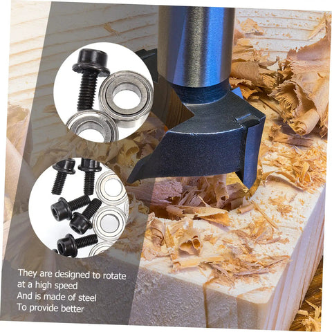 Image of a 12 Piece Router Bit Bearing Replacement Accessory Kit With Top Mounted Ball Bearings For Router Bits, Double Shielded Design, Inner Diameter 3/16 Inch, Outer Diameter 3/8 Inch with wooden shavings and tool in action.