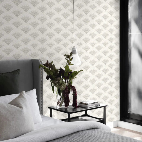 Bedroom scene with Boho Peel And Stick Wallpaper for Cabinets and Walls Modern Geometric Beige Self Adhesive Contact Paper 17.3x393in.