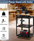 Oversized Planer Stand with Roller, 27.6 In by 24 In Tabletop with tools, adjustable height, and storage shelves in workshop.
