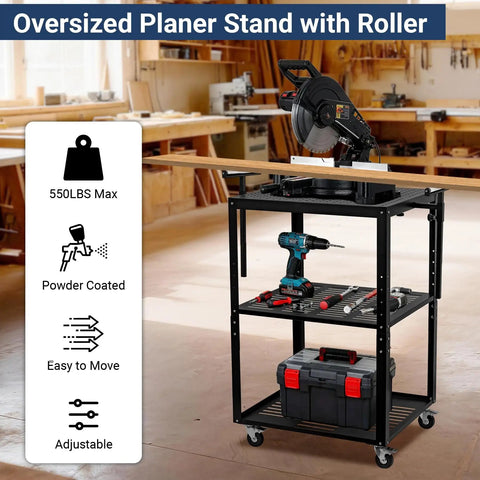 Oversized Planer Stand with Roller, 27.6 In by 24 In Tabletop with tools, adjustable height, and storage shelves in workshop.