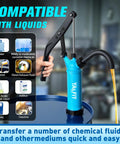 No Sweat Lever Action Barrel Pump, Smooth 55 Gallon Drum Transfer For Fuels And Chemicals in blue with liquid transfer hose.
