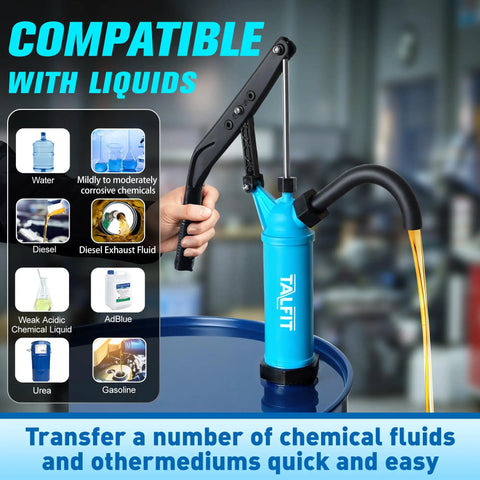 No Sweat Lever Action Barrel Pump, Smooth 55 Gallon Drum Transfer For Fuels And Chemicals in blue with liquid transfer hose.