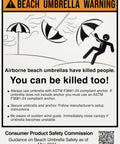Warning sign about dangers of airborne beach umbrellas with ASTM F3681-24 anchor compliance cautioning against injury.