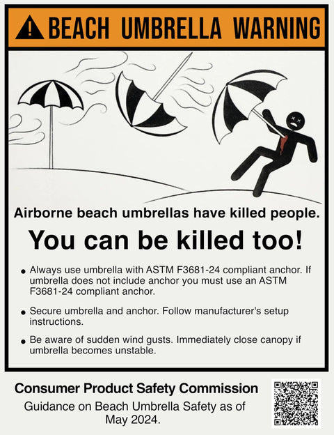 Warning sign about dangers of airborne beach umbrellas with ASTM F3681-24 anchor compliance cautioning against injury.