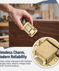 Person installing Retro Hasp Latches With Toggle Catch Lock For Antique Wood Boxes on a wooden box, showcasing durable metal construction.