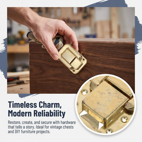 Person installing Retro Hasp Latches With Toggle Catch Lock For Antique Wood Boxes on a wooden box, showcasing durable metal construction.