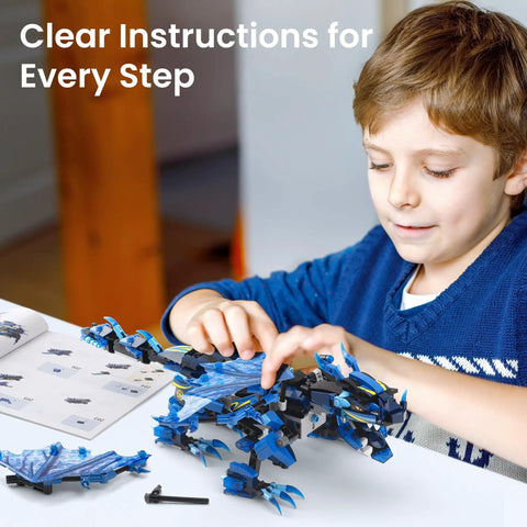 Dragon Building Kit With Remote Control For Kids 8-12 Hands On STEM Toy That Sparks Imagination Build Code And Play With A Dope Flying Dragon Ideal Gift For Birthday Or Holiday, child building blue plastic dragon with instructions