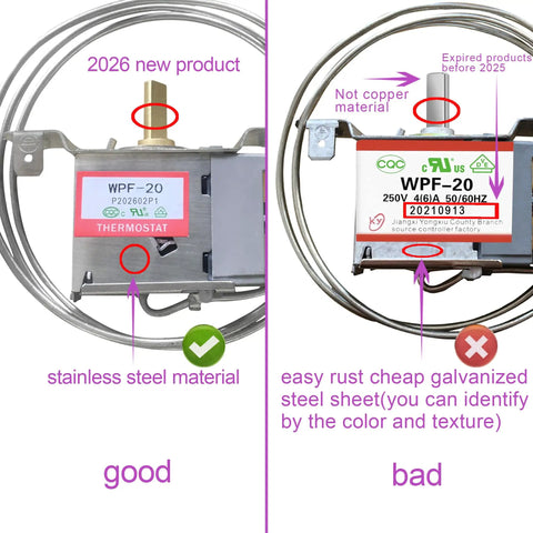 Freezer Thermostat WPF20 Replacement Part comparison between stainless steel and galvanized steel materials