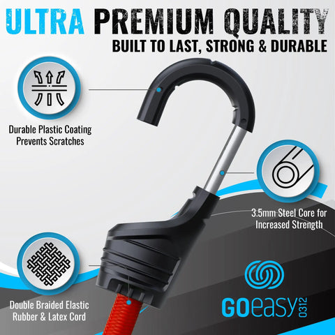 Close-up of heavy duty bungee cord hook showing durable plastic coating and steel core, part of 30 pack assorted sizes for camping and cargo.
