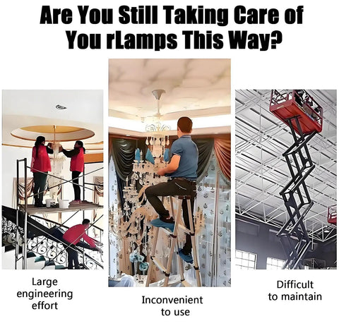 Image illustrating challenges of chandelier maintenance without Heavy Duty Electric Chandelier Hoist With Remote Control Lifter For Villa High Ceilings 70kg Motorized Winch Ceiling Lamp Hoisting System.